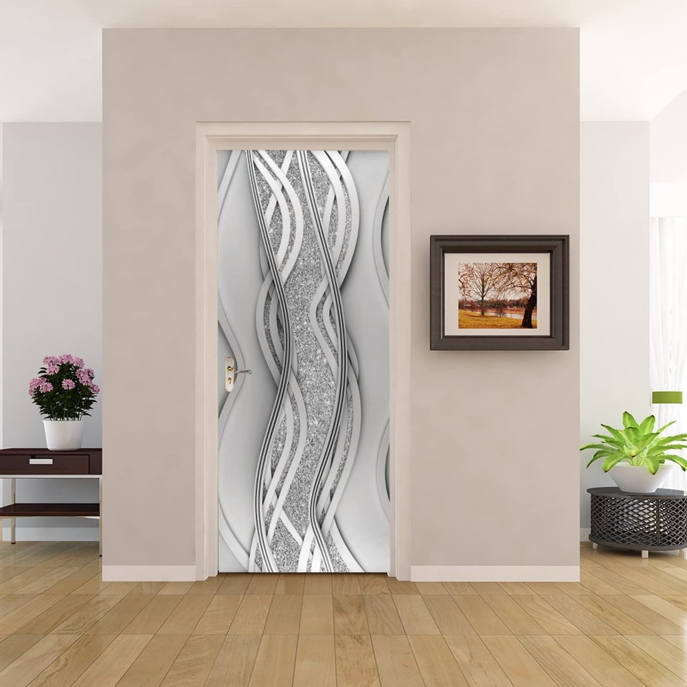 3D Self-Adhesive Door Poster, Silver & Bow, Waterproof PVC, 90 x 200 cm
