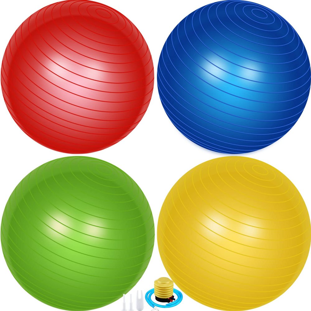 4-Pack 26-Inch Yoga Exercise Balls, 65 cm, Burst-Resistant Fitness Balls with Foot Pump, Red/Green/Blue/Yellow