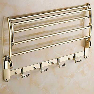 ALINZO Gold Folding Double Towel Rack with Hooks, Wall-Mounted, 50 cm