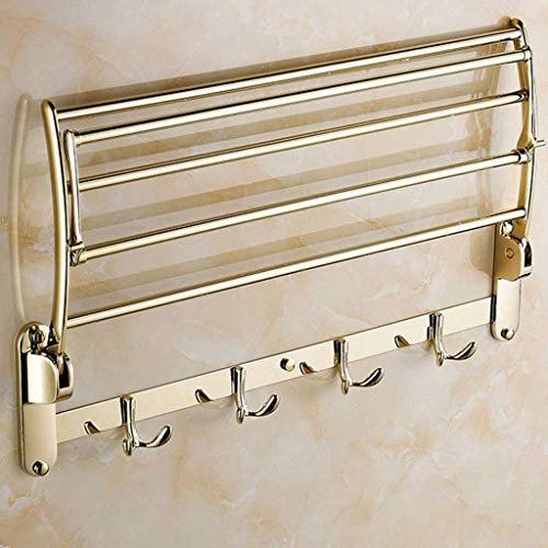 ALINZO Gold Folding Double Towel Rack with Hooks, Wall-Mounted, 50 cm