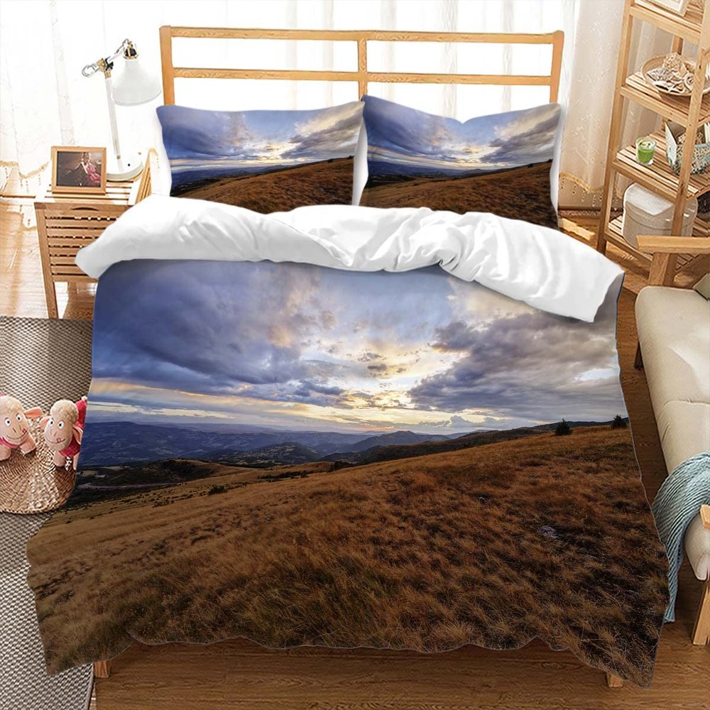 huitutu Meadow Duvet Cover Set 200 x 200 cm, Brown Grass, Colorful Sky and Cloud Pattern