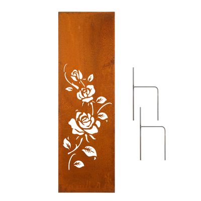 D&L Lasertec Rust-Finish Metal Garden Privacy Screen, 160 x 50 cm, Rose Flowers, incl. Ground Anchors