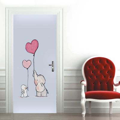 3D Elephant & Rabbit Balloon Door Sticker, Waterproof Removable Vinyl, 85 x 205 cm
