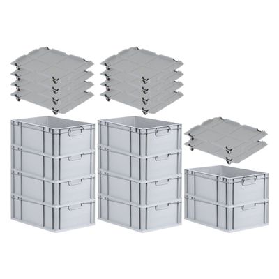 PROREGAL Value Pack 10x Eurobox NextGen Grip with Lid and 4 Black Sliding Snap Latches, 22 x 40 x 60 cm, 44 L, Gray, Closed Handles