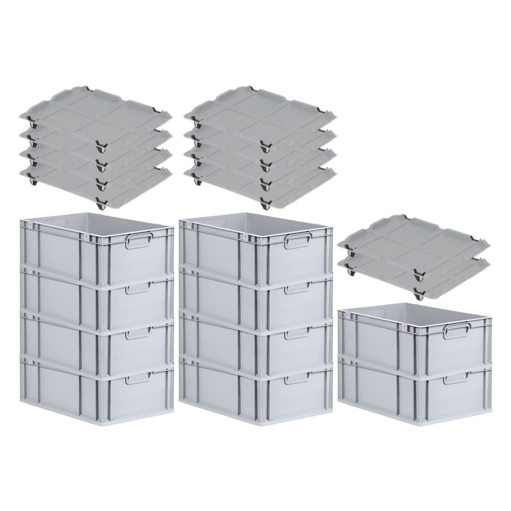 PROREGAL Value Pack 10x Eurobox NextGen Grip with Lid and 4 Black Sliding Snap Latches, 22 x 40 x 60 cm, 44 L, Gray, Closed Handles