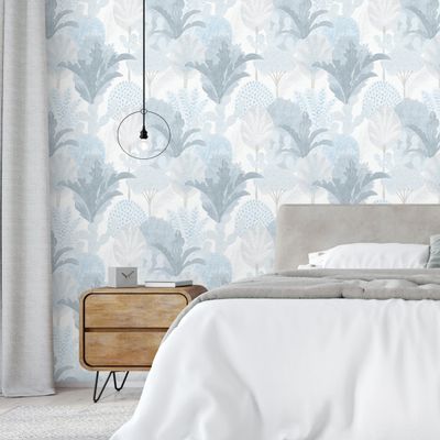 GAULAN 500680812 Nonwoven Wallpaper, Durable, Washable, Flowers and Cactus in Gray and Light Blue, DIN A4 Sample