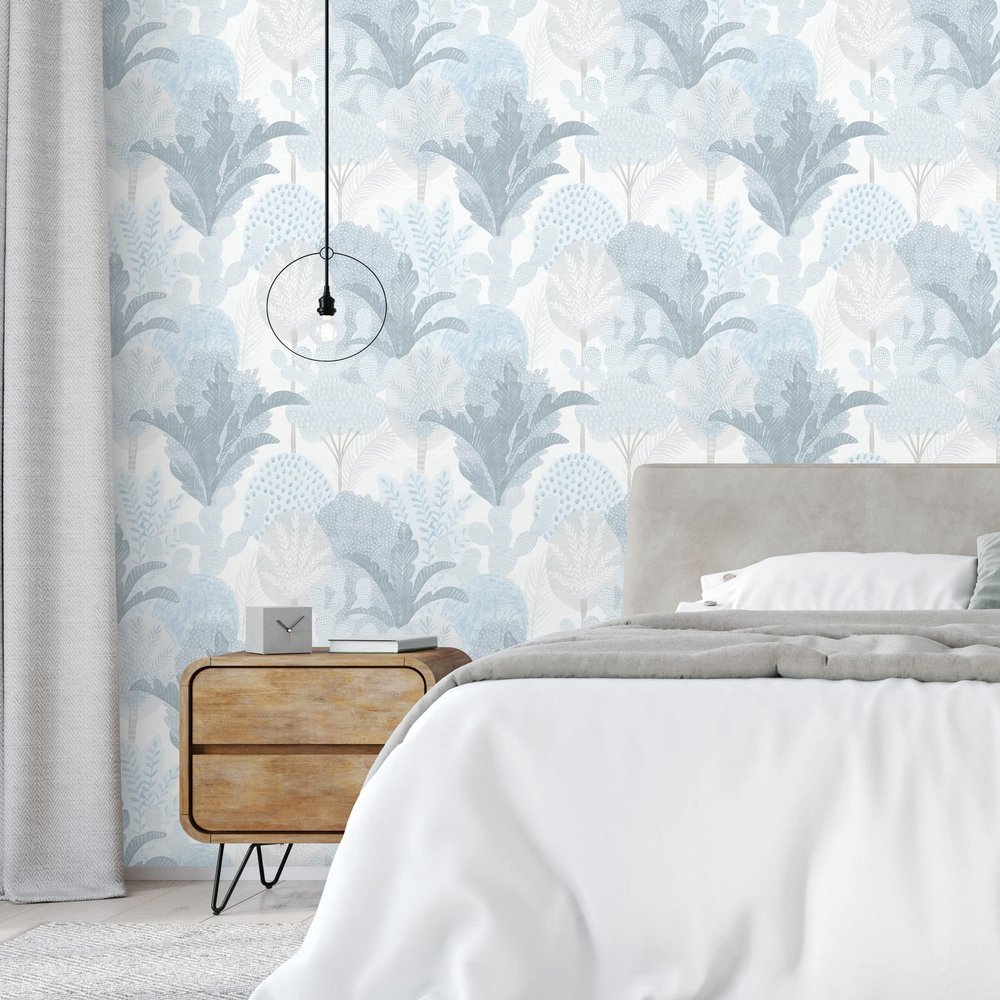 GAULAN 500680812 Nonwoven Wallpaper, Durable, Washable, Flowers and Cactus in Gray and Light Blue, DIN A4 Sample