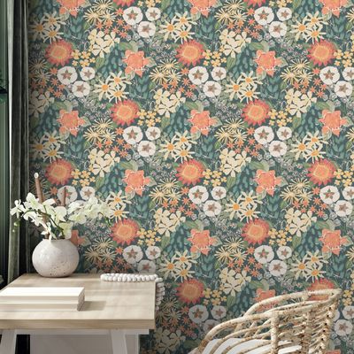 GAULAN 500682057 Non-Woven Wallpaper, Washable Botanical Floral Design on Blue Background, DIN A4 Sample