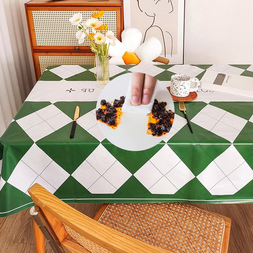 Chickwin Washable PVC Tablecloth, Waterproof Checkerboard Plaid, Green and White, 100 x 160 cm