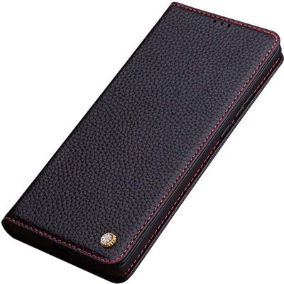 HKIDKK Shock-Resistant Genuine Leather Flip Case for Apple iPhone 14 Pro Max (2022), Screen and Camera Protection, Contrast Stitching (Color: D)