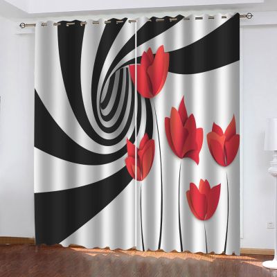 Opaque Printed Curtains, 140 x 160 cm, Black and White Lines with Red Flowers, 2 Panels