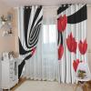 Opaque Printed Curtains, 140 x 160 cm, Black and White Lines with Red Flowers, 2 Panels view 3