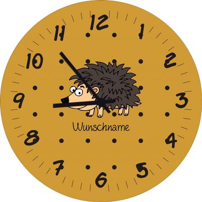 Shirtinstyle Hedgehog Children's Room Wall Clock with Custom Name, Gold, 20 cm