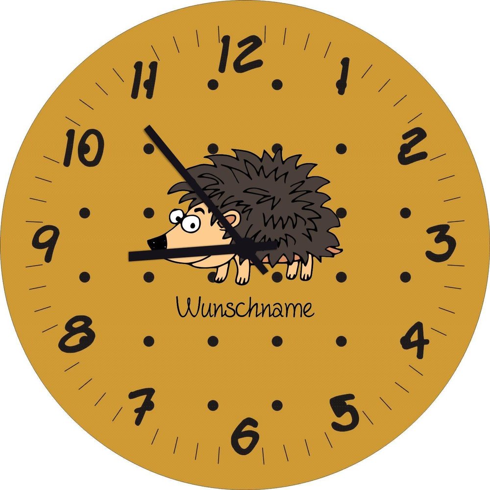 Shirtinstyle Hedgehog Children's Room Wall Clock with Custom Name, Gold, 20 cm