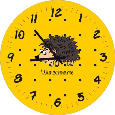 Shirtinstyle Children's Wall Clock with Hedgehog Design and Custom Name, 20 cm, Yellow