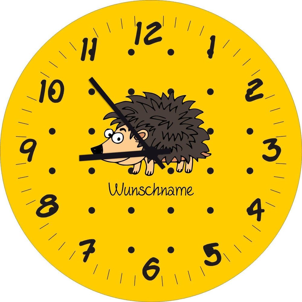 Shirtinstyle Children's Wall Clock with Hedgehog Design and Custom Name, 20 cm, Yellow