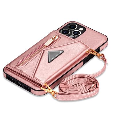 CLLDY Zipper Wallet Leather Case with Card Holder and Crossbody Lanyard for iPhone 14/13/12 mini/11/X/XR/XS/Pro Max/7/8 Plus, Pink, for iPhone 14
