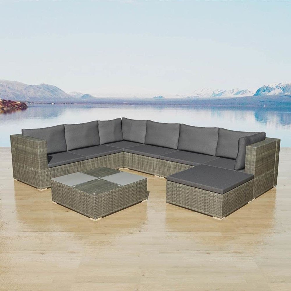 Festnight 8-Piece Gray Rattan Lounge Garden Furniture Set with Cushions