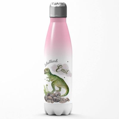 Mikalino Kids' Stainless Steel Water Bottle, Dangerous Dinosaur with Custom Name, Pink-White, 500 ml