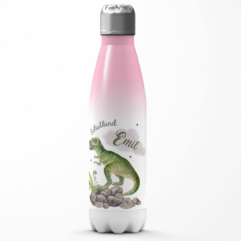 Mikalino Kids' Stainless Steel Water Bottle, Dangerous Dinosaur with Custom Name, Pink-White, 500 ml