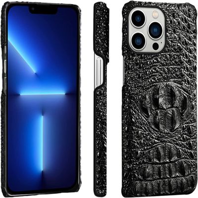 CEKGDB Protective Case for iPhone 14 Pro Max, Classic Crocodile Pattern, Genuine Leather, Slim, Shock-Resistant, Camera Protection, Black