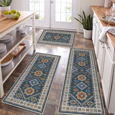 HEBE Boho Kitchen Rug Set, 3-Piece, with Runner, Vintage, Non-Slip, Washable