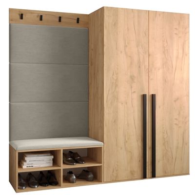 MEBLE KRYSPOL MIRO Entryway Furniture Set 5 with Upholstered Panels, Modern Design (Manila 02 (Cream), Kraft Gold Oak + Matte Black)