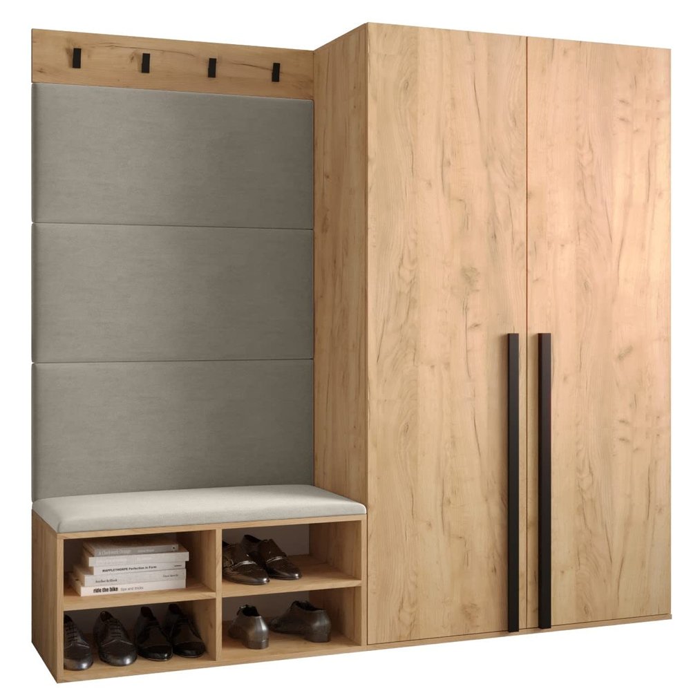 MEBLE KRYSPOL MIRO Entryway Furniture Set 5 with Upholstered Panels, Modern Design (Manila 02 (Cream), Kraft Gold Oak + Matte Black)