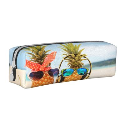 Leather Pencil Case and Cosmetic Bag, Beach Two Pineapples Sea