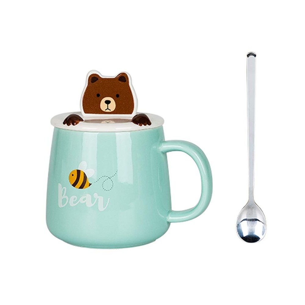 Cute Animal Printed Mug Set with Lid and Phone Stand, Ceramic (Gold)