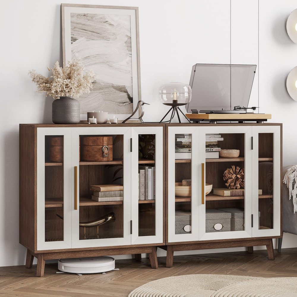 BELLEZE 2-Piece Sideboard Set, 78.7 cm Buffet Cabinet with 3-Tier Shelves and Glass Display Cabinet, White