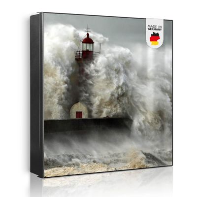 banjado Large Metal Key Cabinet - 30 x 30 cm Writable Key Box with 32 Hooks - Black Body, Right Hinge, Rock in the Surf Motif
