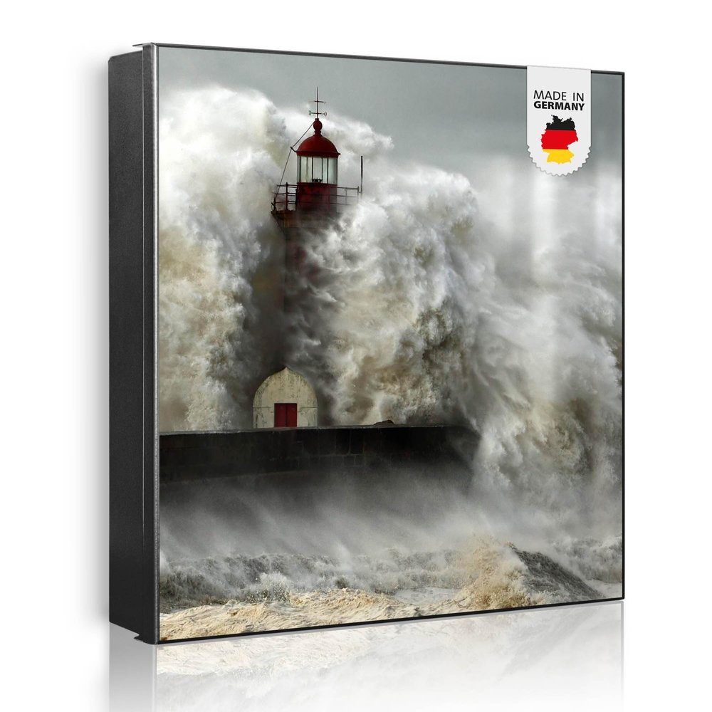 banjado Large Metal Key Cabinet - 30 x 30 cm Writable Key Box with 32 Hooks - Black Body, Right Hinge, Rock in the Surf Motif