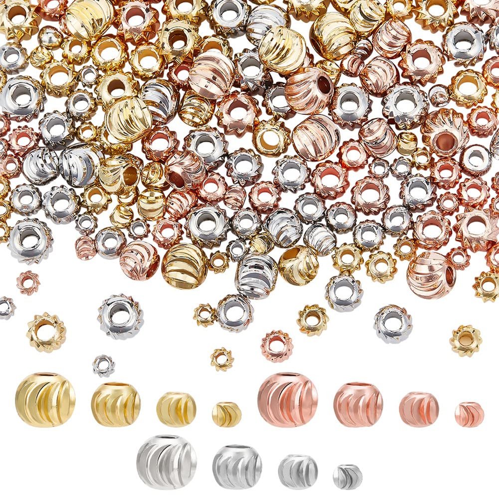 BENECREAT 192-Piece 18K Gold-Plated Spacer Bead Set, 4 Sizes, Gold/Rose Gold/Silver