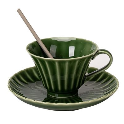 Ceramic Coffee Cup and Saucer Set, Elegant Emerald Retro Style