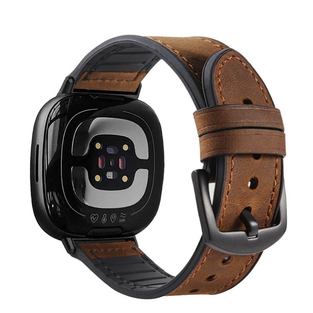 YOOSIDE Genuine Leather and Silicone-Lined Band for Fitbit Versa 3/4 and Sense/Sense 2, Brown