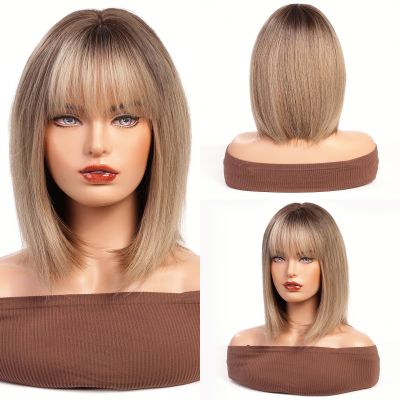 HAIRCUBE Brown Mixed Blonde Bob Wig for Women, Shoulder-Length Synthetic Hair Wig with Bangs