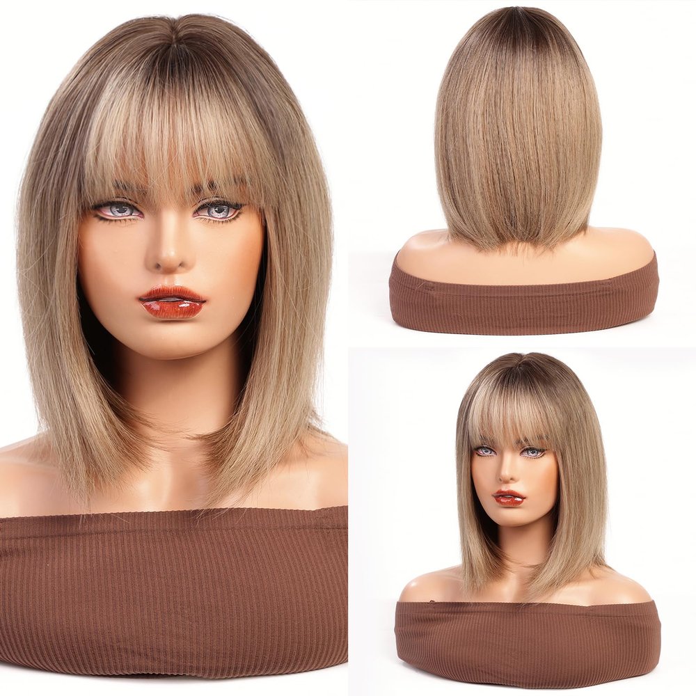 HAIRCUBE Brown Mixed Blonde Bob Wig for Women, Shoulder-Length Synthetic Hair Wig with Bangs