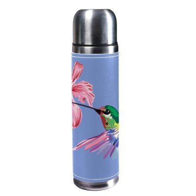 Insulated Stainless Steel Water Bottle with Hummingbird Flower Art