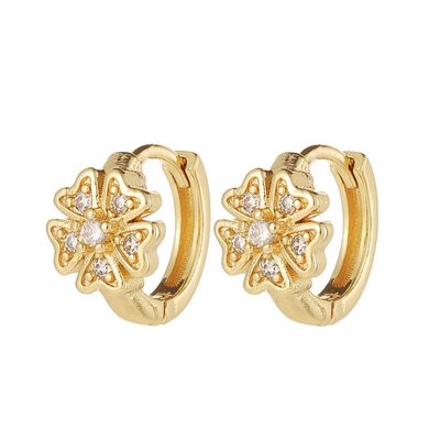 Women's Gold Round Plum Blossom Cubic Zirconia Hinged Earrings
