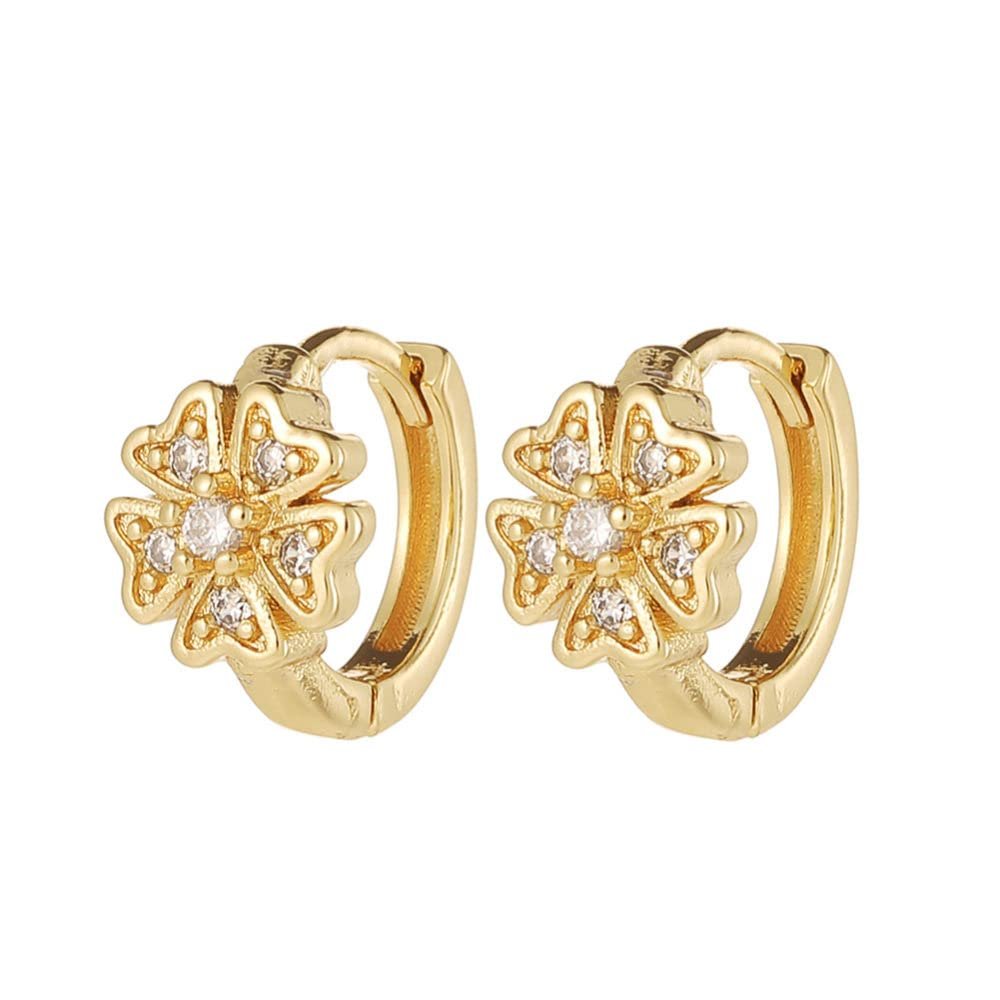 Women's Gold Round Plum Blossom Cubic Zirconia Hinged Earrings