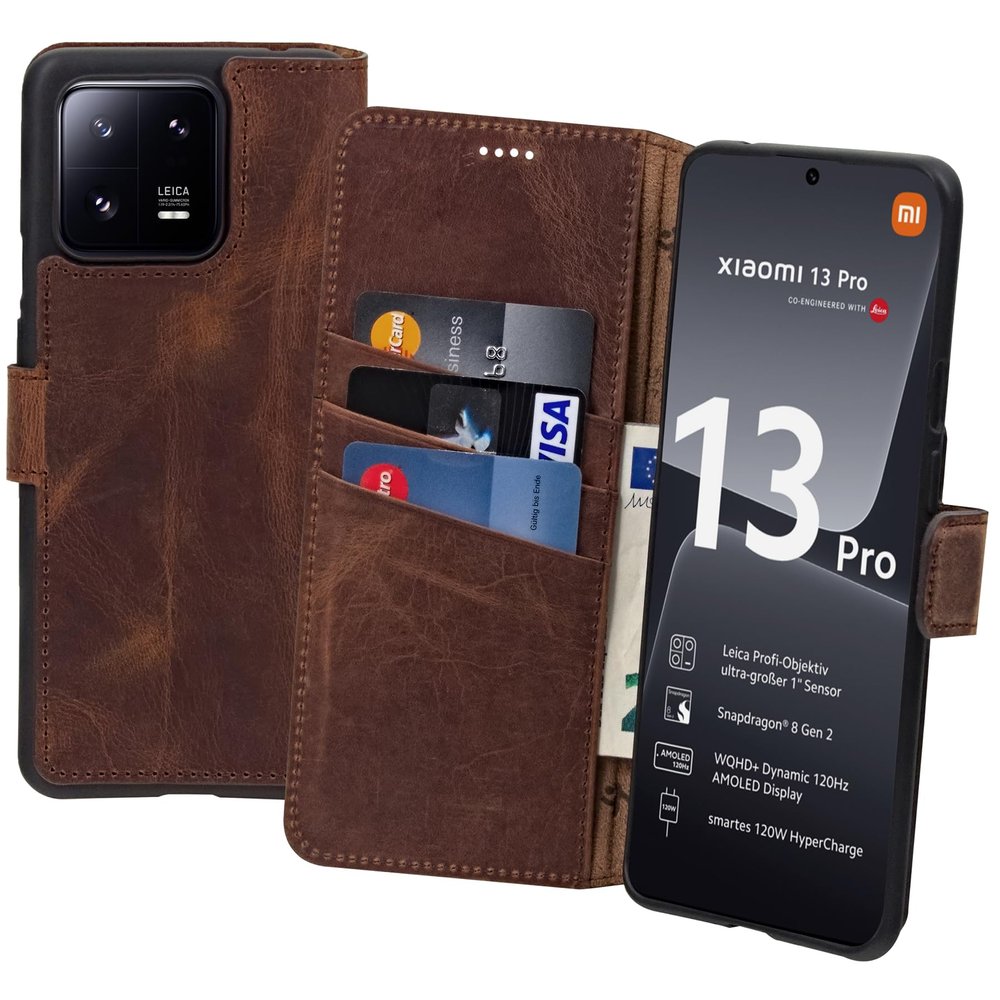 Suncase Book-Style Genuine Leather Case for Xiaomi 13 Pro 5G, Slim-Fit, Antique Coffee