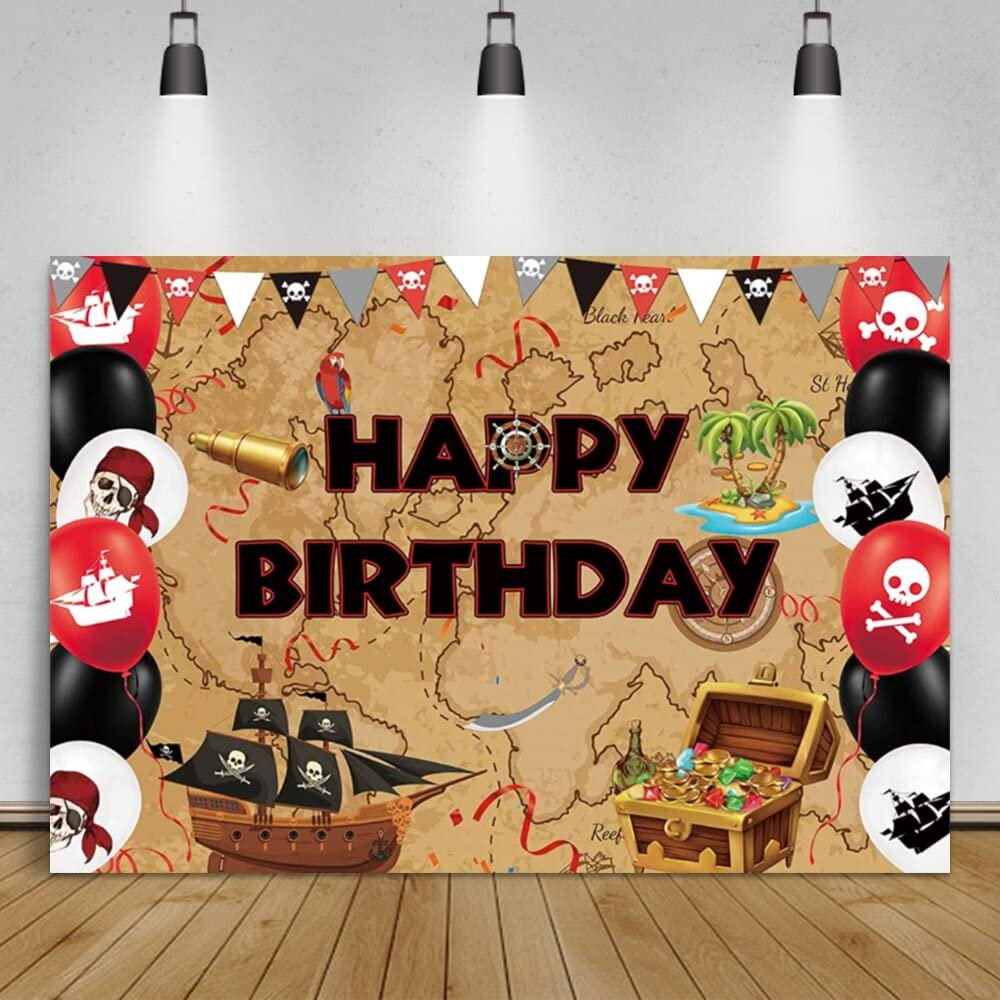 Adventure Treasure Happy Birthday Party Skull Island Map Photo Backdrop 240 x 180 cm