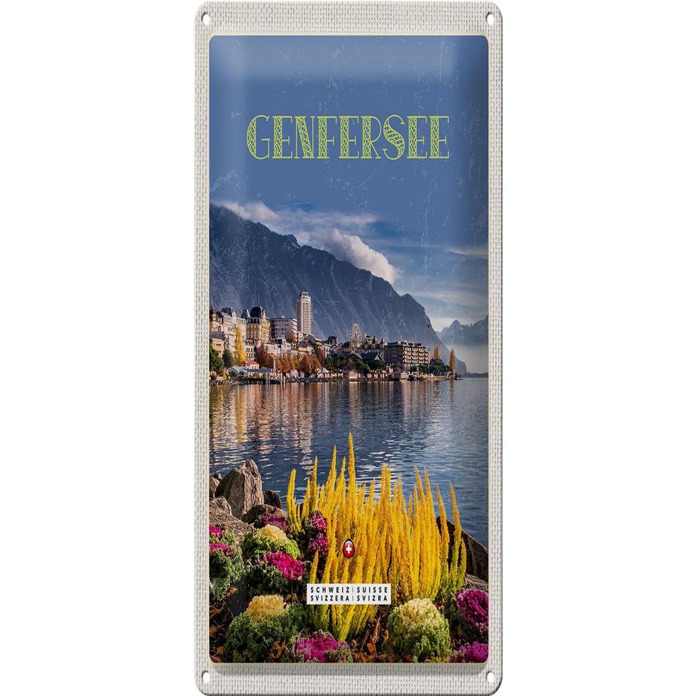 FEMER Metal Sign, Travel 20 x 30 cm, Lake Geneva, Vacation, Love of Nature, Ferris Wheel