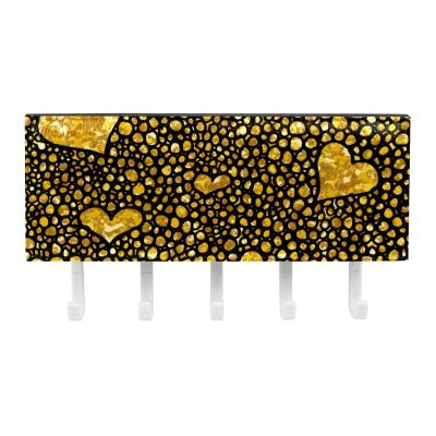 Wall-Mounted Mail Organizer and Key Holder with Hooks, Black with Gold-Dot Heart