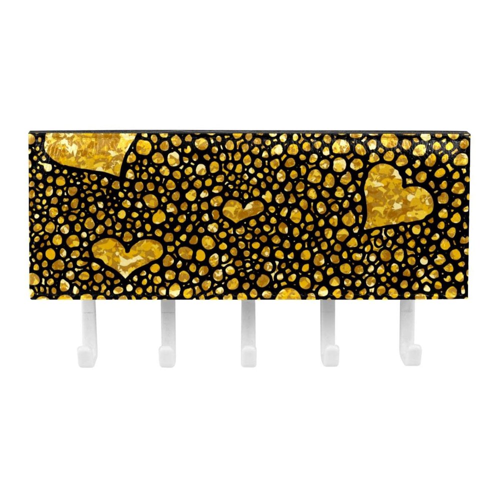 Wall-Mounted Mail Organizer and Key Holder with Hooks, Black with Gold-Dot Heart