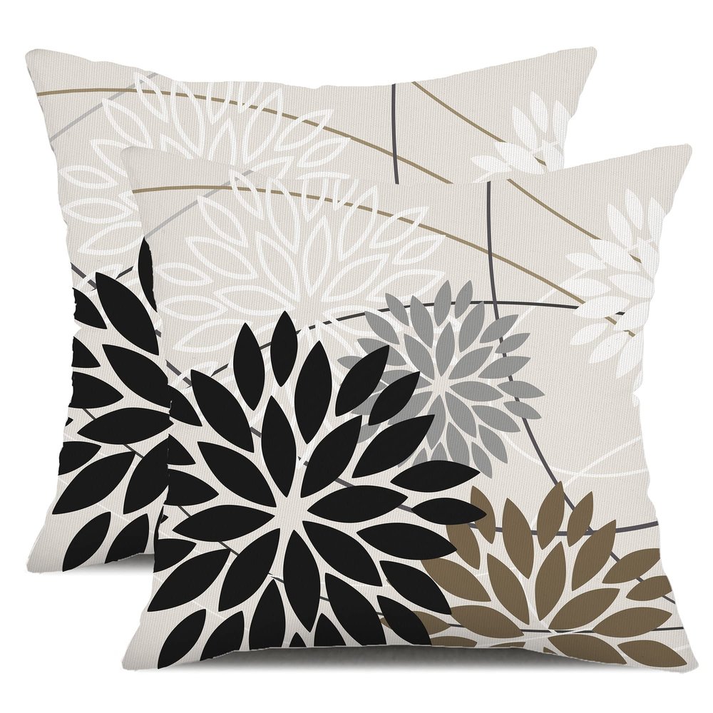 Black-Brown Dahlia Pillow Covers, 45.7 x 45.7 cm, Set of 2, White and Gray Floral