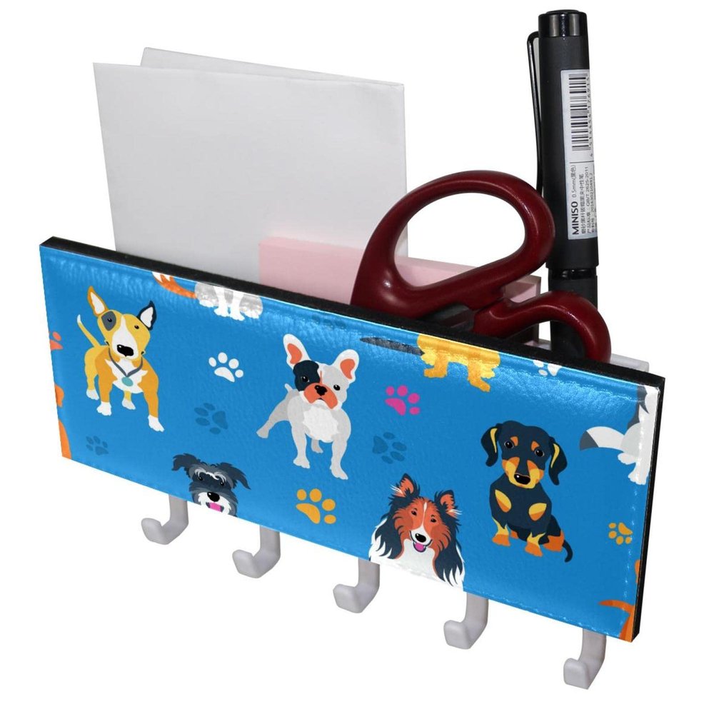 TBOUOBT Wall-Mounted Mail Organizer, Key Holder with Mail Holder and 5 Hooks, Many Dogs Cartoon