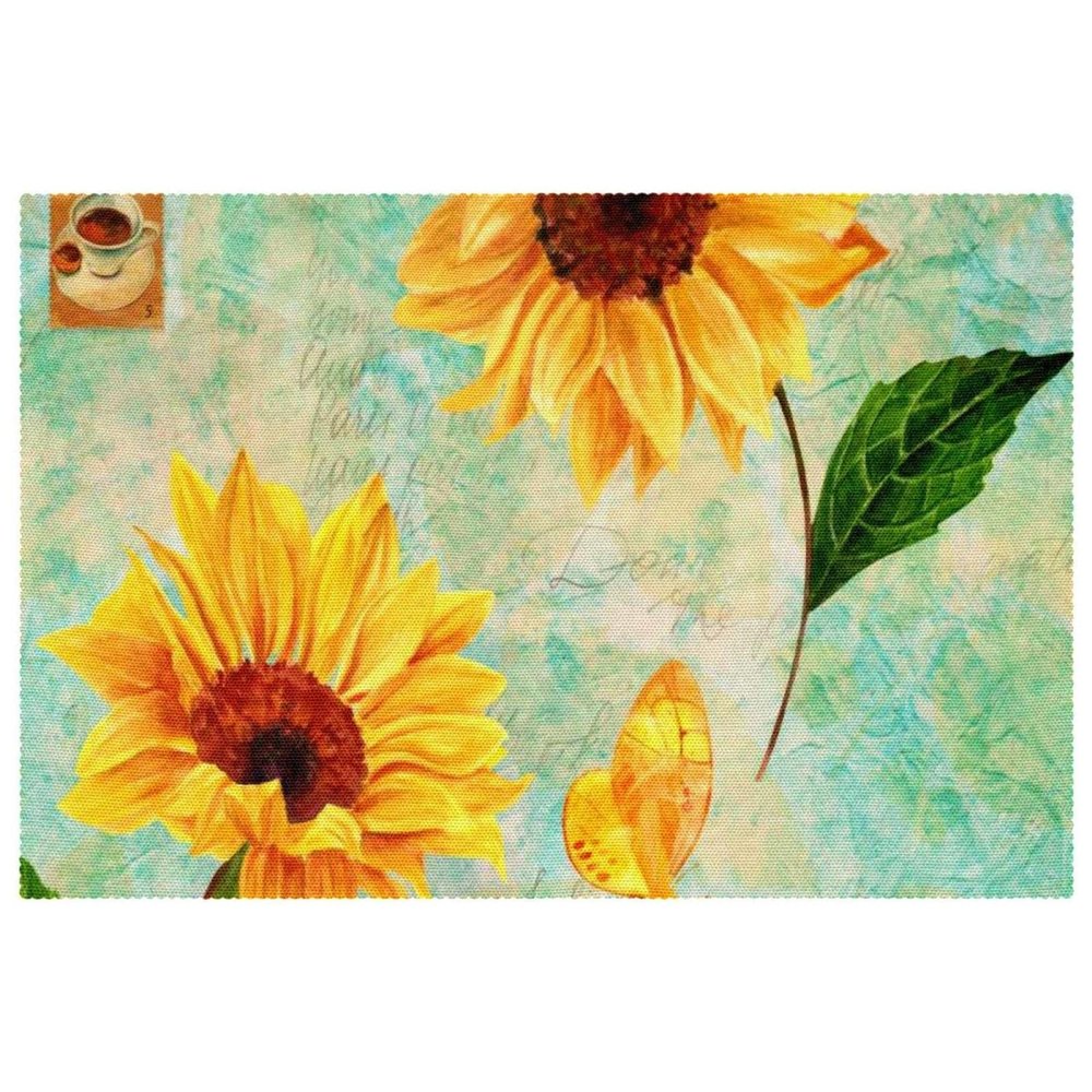 Non-Slip Insulated Washable Placemat, Vintage Retro Sunflower Spring Butterfly Print