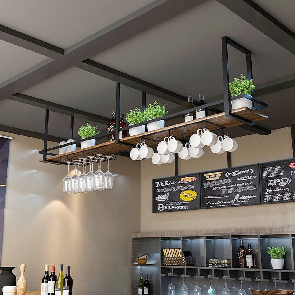 Ceiling-Mounted Bottle Rack with Hanging Wine Glass Holder, 100 x 30